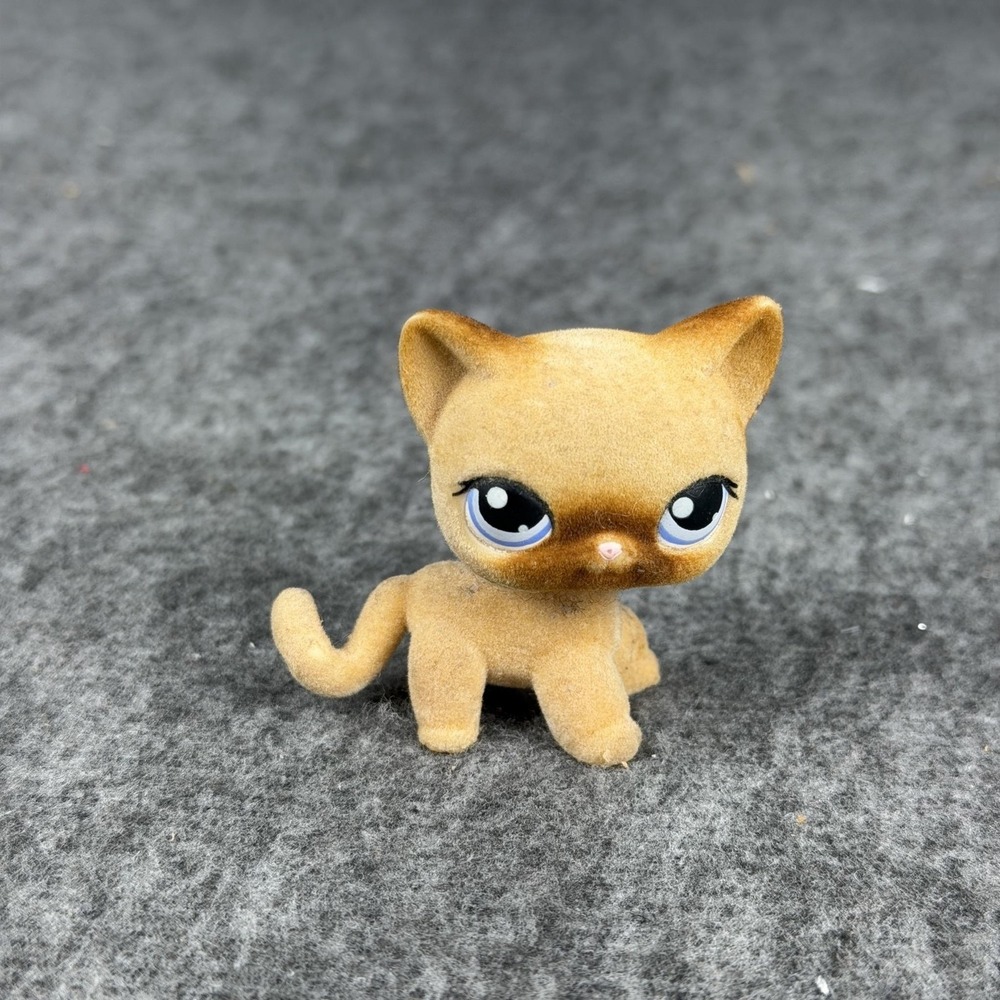 Littlest Pet Shop Flocked Cat Figure Beige Hasbro Toy Blue Eyes Collectible #318